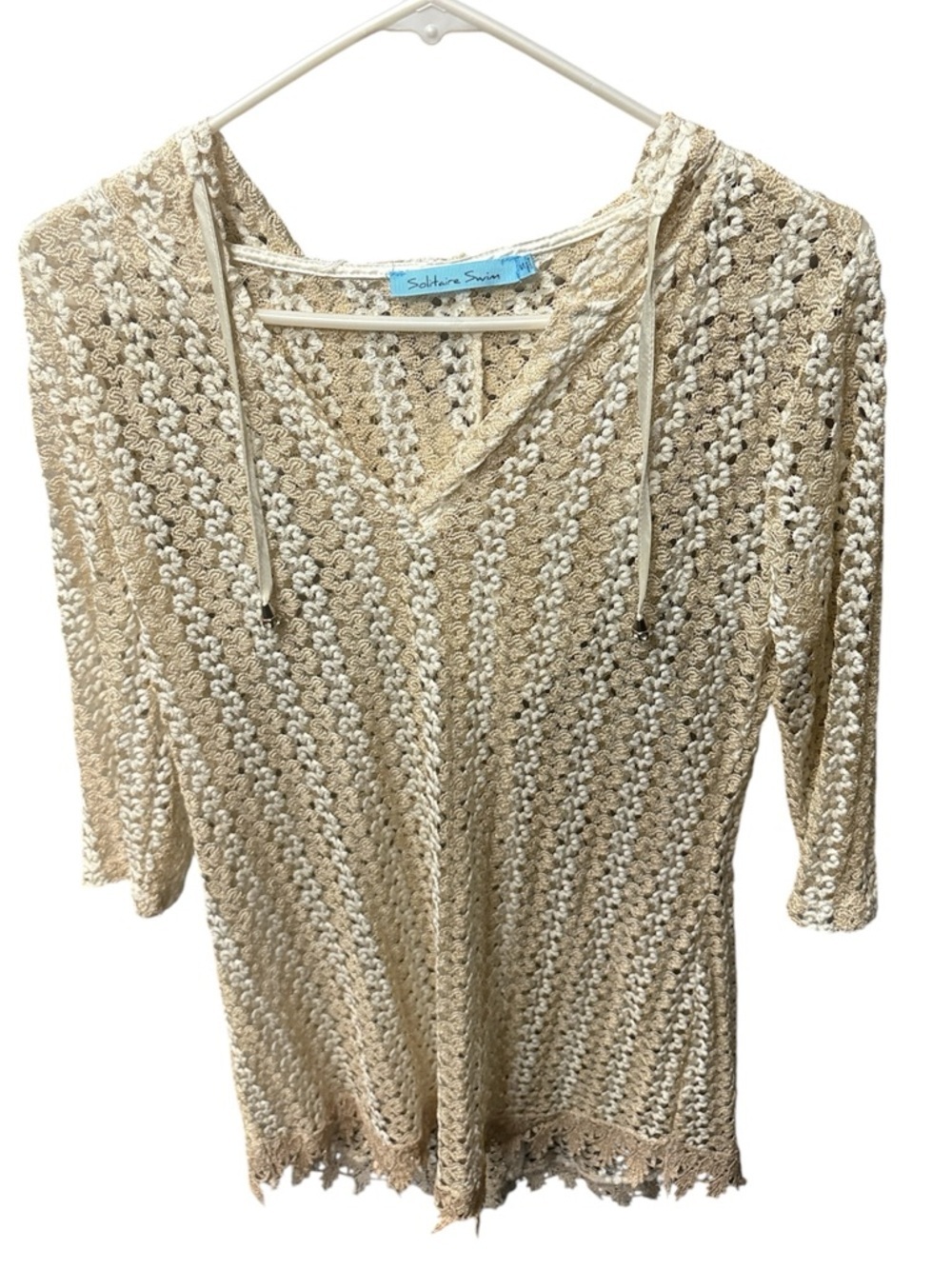 Solitaire Swim Lace Silk Hooded Cover-Up in Cream and Gold Size Medium